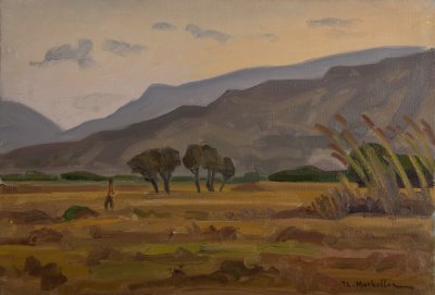 Syros from the Shipyard, Dusk — Oil painting, Canvas, 38.00×55.00cm — Theodoros Markellos